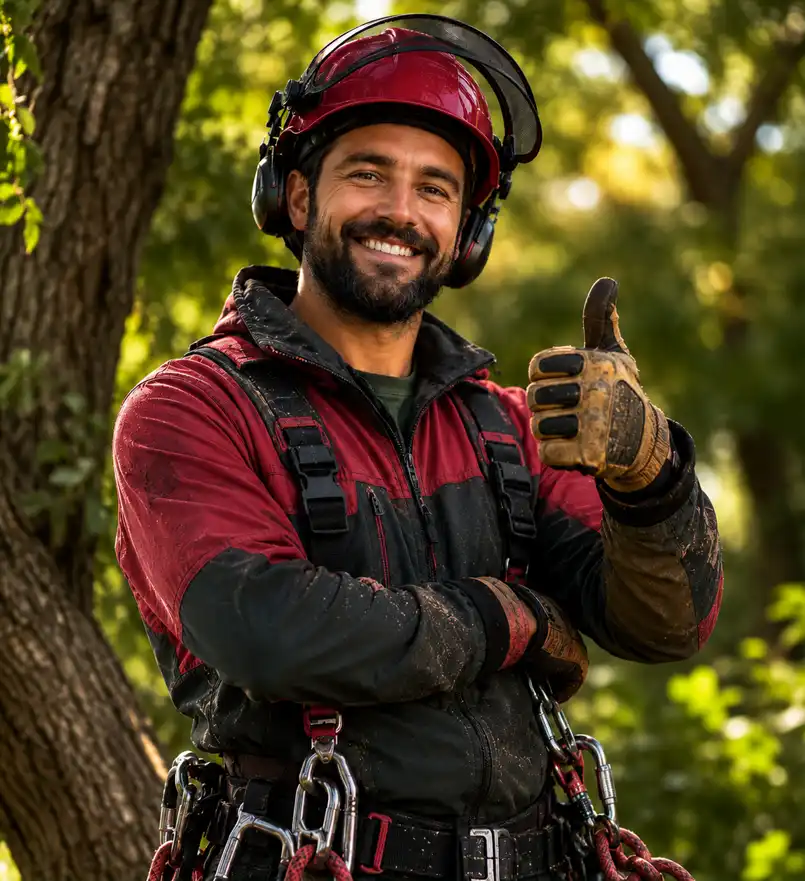 Certified arborist giving a thumbs up on a tree service job