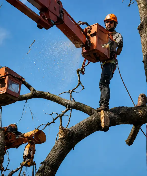 Tree removal professional working from a bucket truck